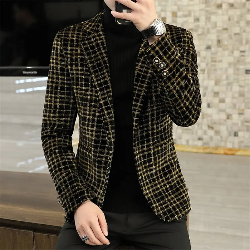 Männer Blazer Herbst Winter Kristall Samt Verdickt Anzug Jacke Männer Junge Hübsche Plaid Mantel Business Casual Männer Kleidung 220801