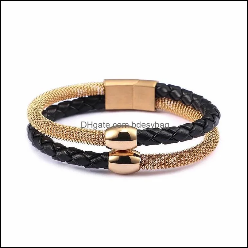 tennis 21.5cm vintage braided leather bracelets for men stainless steel silver mesh chain wrap homme unique jewelry