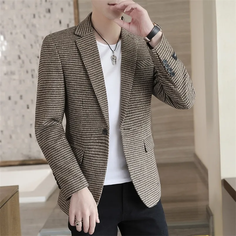 Jesień men kurtka garnitur One Button Classic Houndstooth w stylu Koreański Blazer bez żelaza męskie smoking ślubny garnitury Blazer Masculino 220504