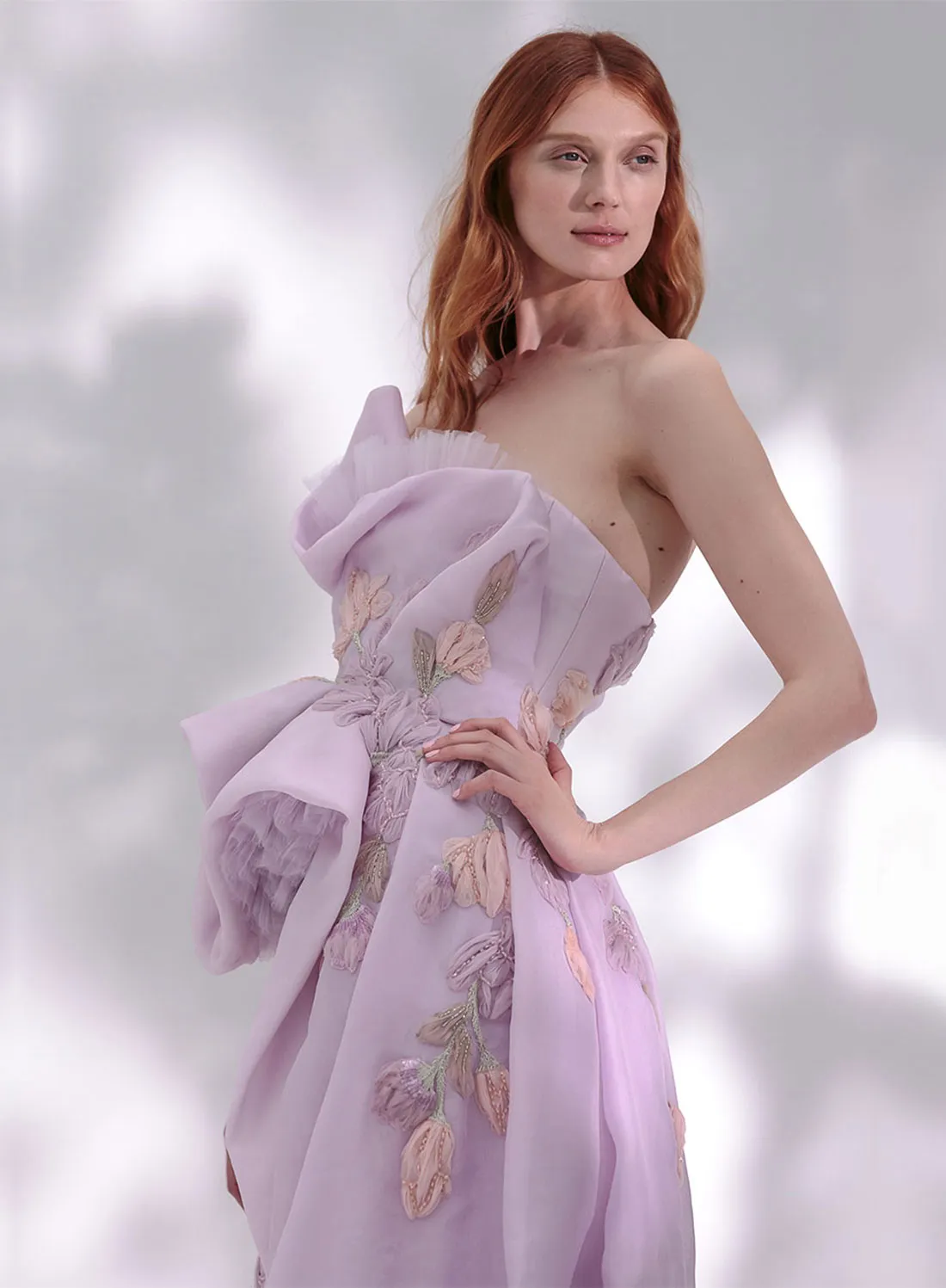 가벼운 자주색 인어 이브닝 드레스 Bateau Neck Evening Dress 푹신한 소매 얇은 얇은 색 레이스 디자인 바닥 길이 스팽글 구슬 자수 맞춤형 무도회 드레스