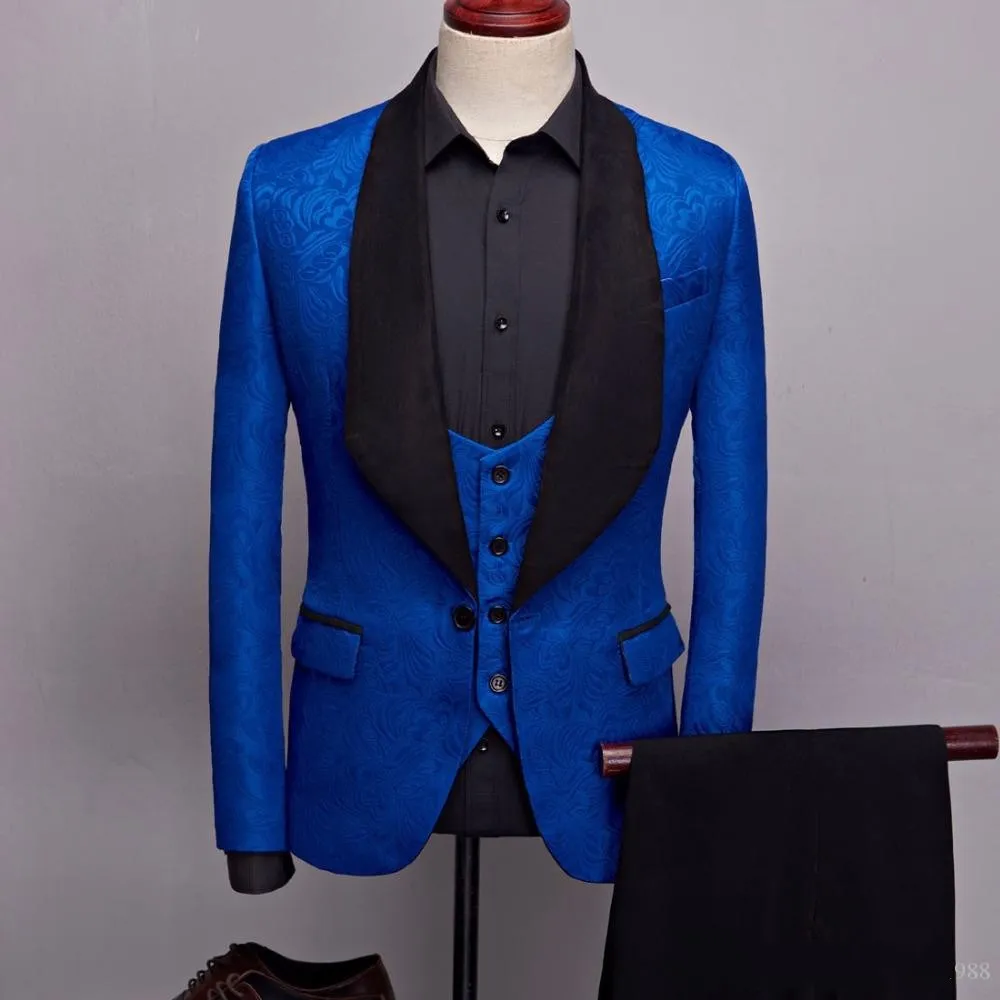 Slim Fit Royal azul de relevo azul noivo Tuxedos Black Velvet Shawl Laomsman Groomsman 3 peças Men.