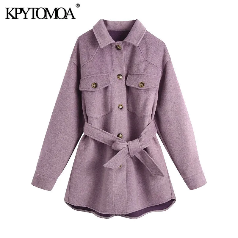 Kpytomoa Women Fashion with Belt Wool Giacca sciolta cappotto vintage a maniche lunghe tasche late
