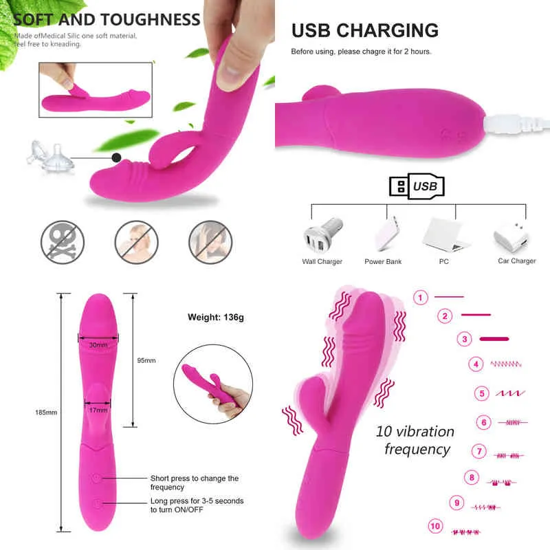 NXY Vibratori Coniglio 10 Modalità G Spot Vagina Shocker Prodotto del sesso Usb Ricaricabile Masturbazione femminile Dildo Giocattolo per donna 220427