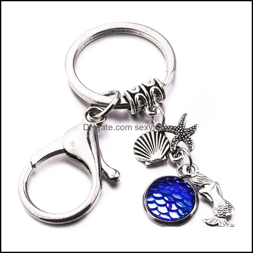 New styles Druzy druzsy keychain Mermaid Starfish Key Rings Fish Scale Charms Keychain bag Car Keyring Jewelry For women Men