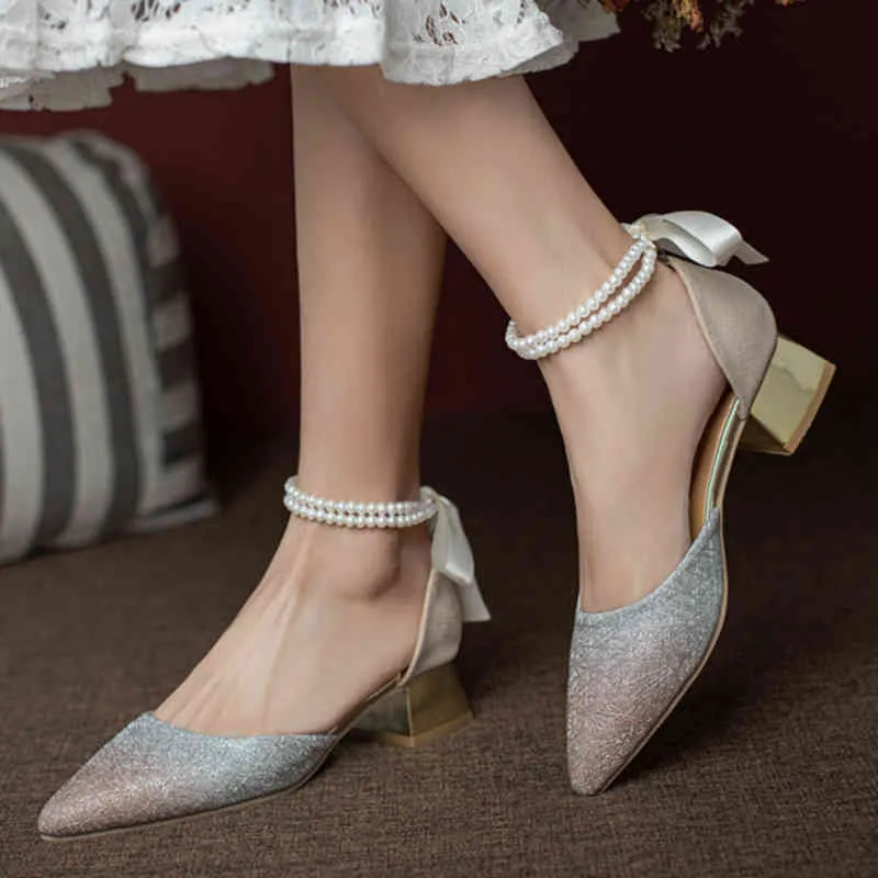 Dress Shoes Elegant String Bead Ankle Strap Pumps Women Be Toe Mix Color Woman Wedding Back Bowtie High Heels Ladies 220416