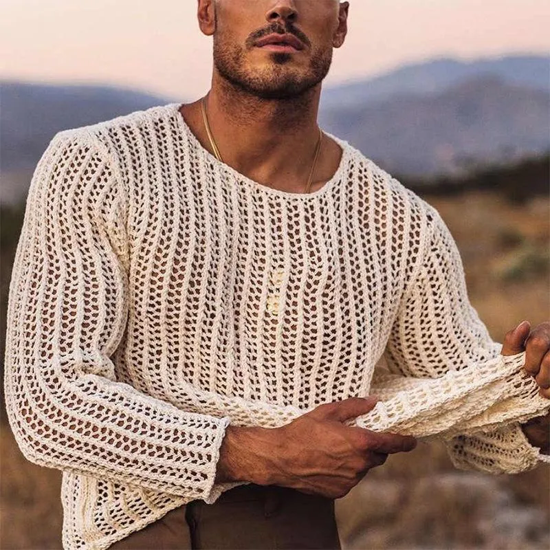 Men's T-Shirts Knit Mesh Top Men Transparent Sexy See Through Long Sleeve Tee Streetwear Men's Clothing Fishnet Muscle UndershirtsMen's