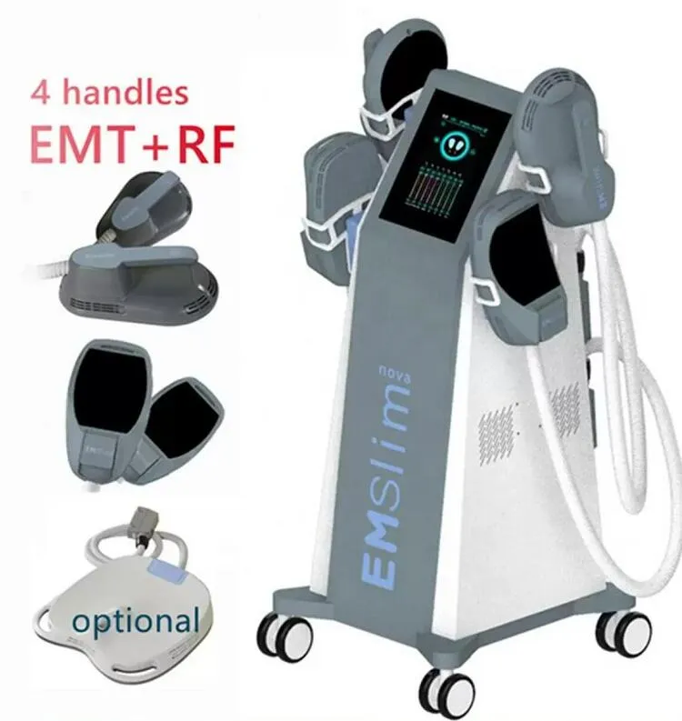 Wysokiej jakości 4 uchwyty z RF Emslim Machine Ciało Przesunięcie fal elektromagnetycznych stymulator mięśni tłuszcz zmniejszają masy Symunks Slim Systems