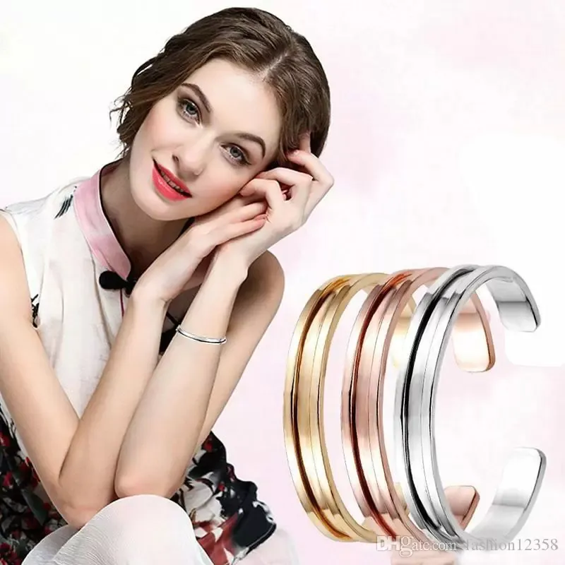 2022 Bracciale cravatta per capelli Braccialetti aperti a forma di C con bordi spazzolati in acciaio inossidabile per gioielli da donna Bracciali per ragazze 3 colori freeshippi