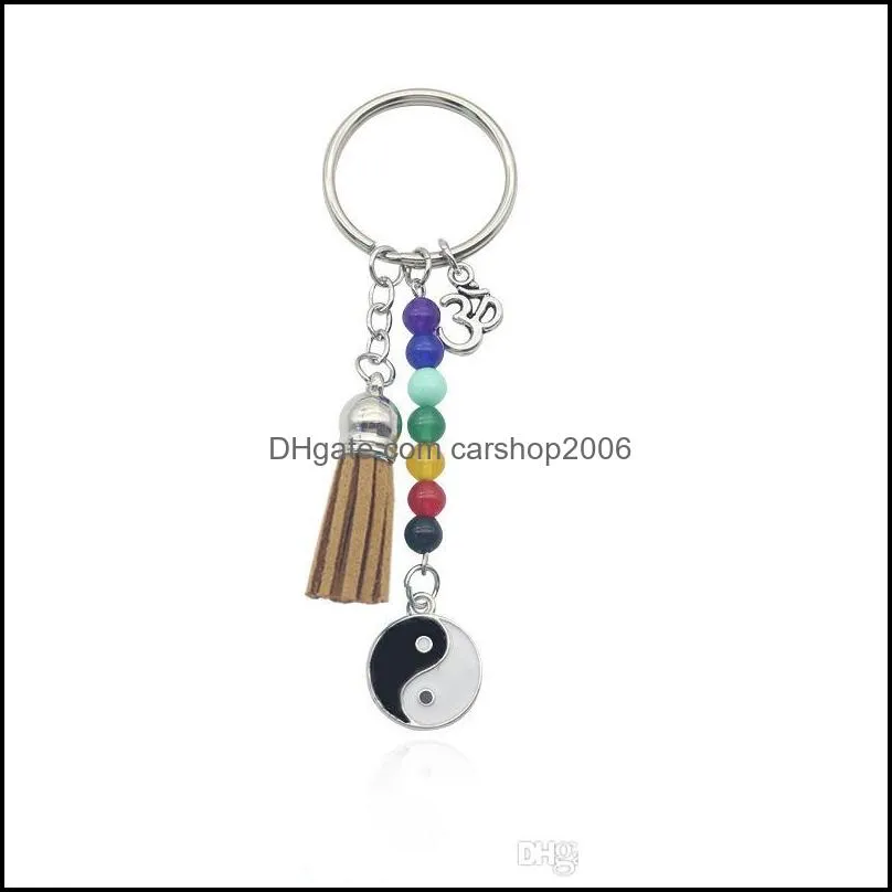 wholesale handmade colorful seven chakras Yoga Keychain personality Tai Ji pendant tassel Keyfob Metal fitness key rings