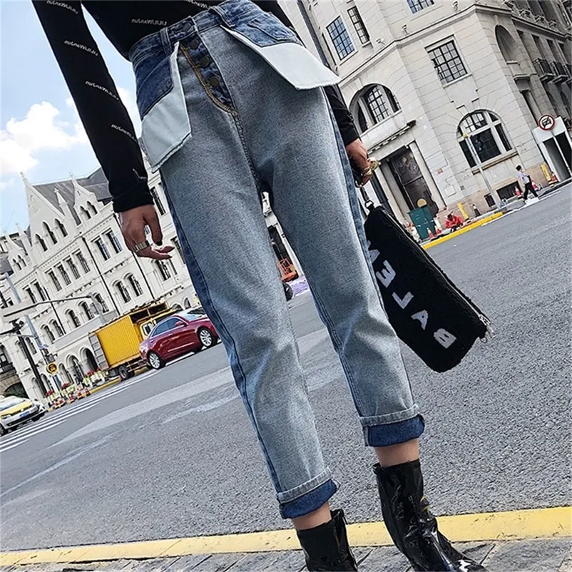 Coutures Poches Inversées Taille Haute Boyfriend Jeans Pour Femmes Boutons Fly Jeans Maman Patchwork Lâche Droite Cheville Denim Jeans LJ200811