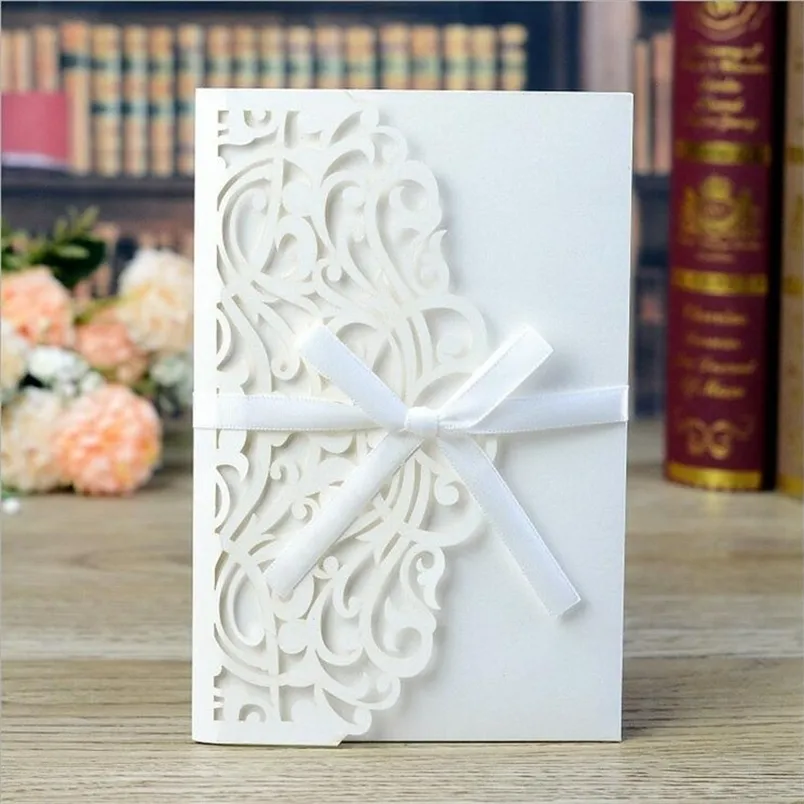 1 pièces Invitation découpée au Laser dentelle fleur Menu voeux personnaliser avec RSVP carte ruban décoration de fête de mariage 220711