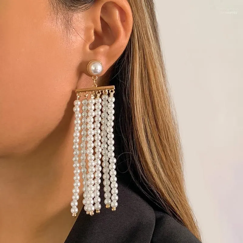 Dangle & Chandelier IngeSight.Z Boho Imitation Pearl Chain Long Tassel Earrings Gold Color Drop Female Ear Piercing Jewelry BijouxDangle Mil