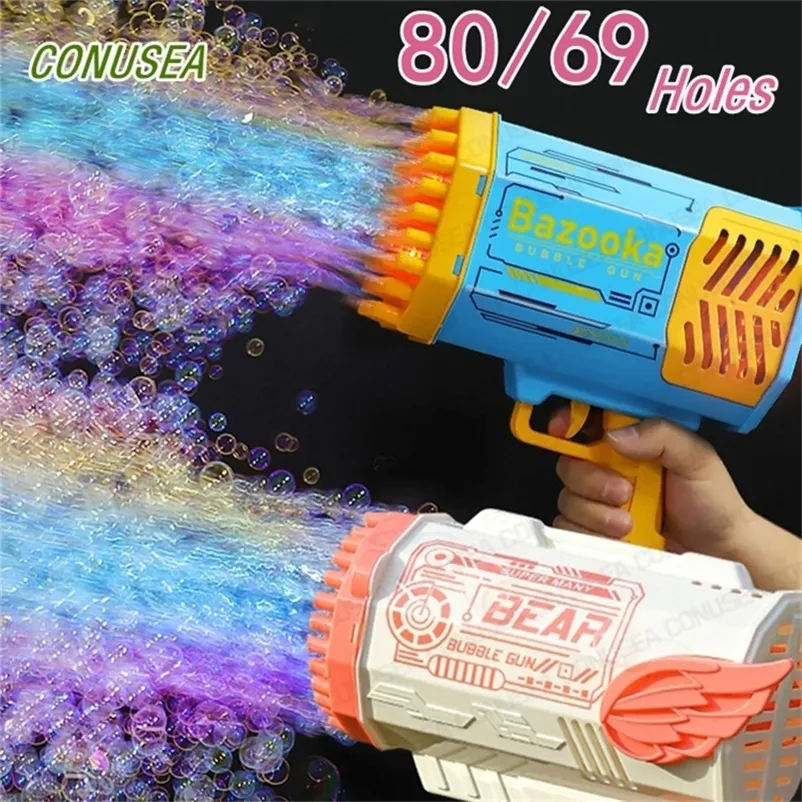 69/80 Delik Roket Bubble Gun Machine Melek Led Çocuklar Otomatik Sabun Kabarcıkları Blower Maker Oyuncakları Düğün Partisi Açık Mekan Oyunları 220718