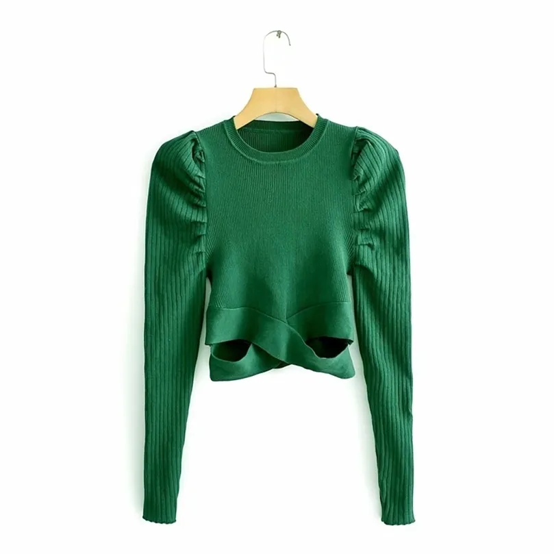 women fashion puff sleeve short sweater ladies basic knitted casual slim high street hem cross sweaters chic tops S217 201225