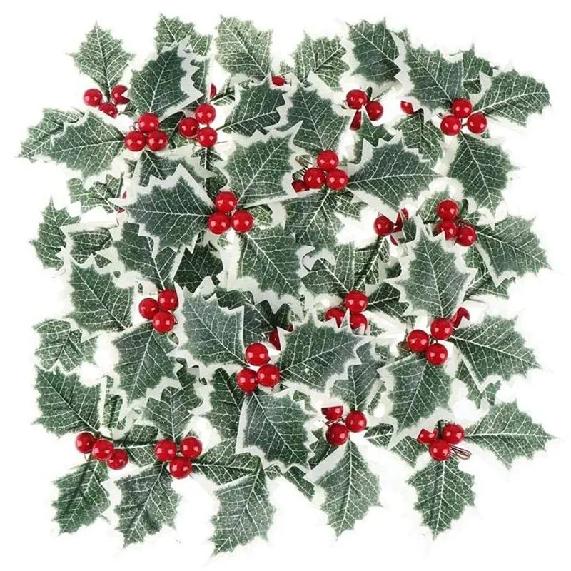 Juldekorationer praktiska 60st konstgjorda Holly Berry med gröna blad röd tallkon för arrangemang hantverk bröllop partychristmas
