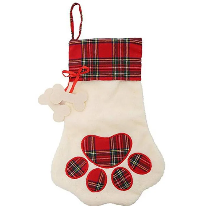 2021 grandes chaussettes de père noël moelleuses noël animal de compagnie chien Plaid patte bas suspendu cheminée arbre de noël décoration de noël