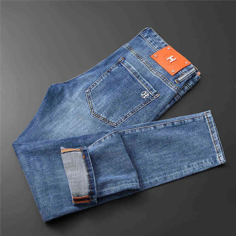 Весна 2022 и летний мужской синий бутик простая средняя талия микроэластичные маленькие прямые джинсы