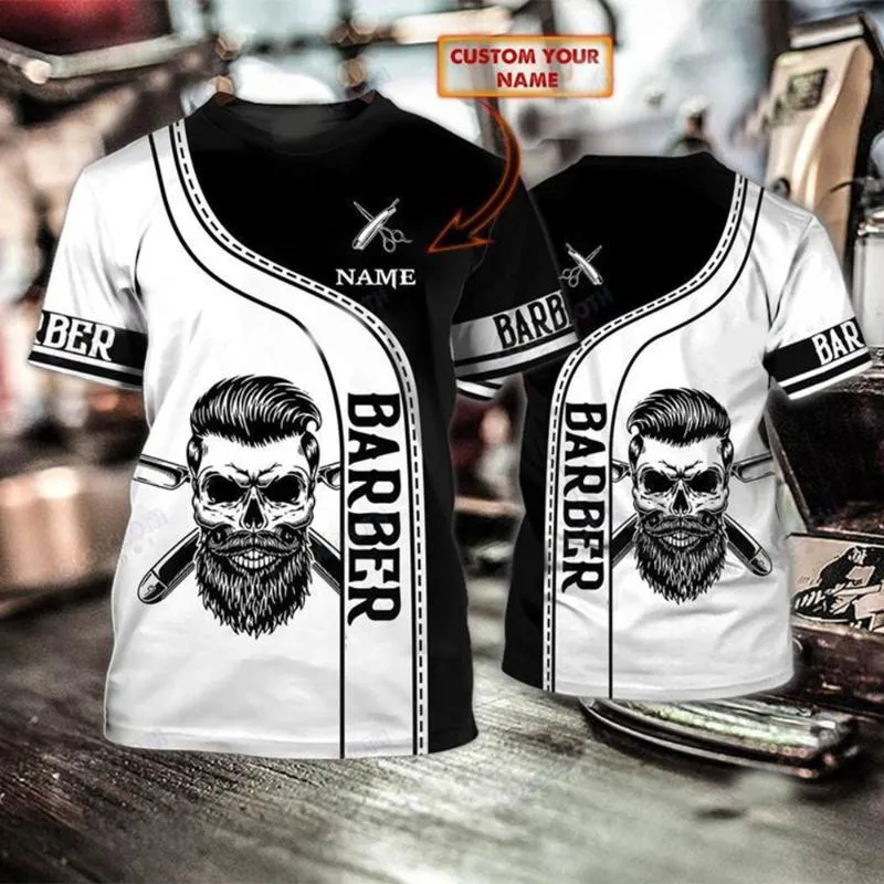 Camisetas masculinas camisetas de moda Nome personalizado barbeiro personalizado 3D Mens de verão de verão Camnhicas de esportes casuais unissex Casual