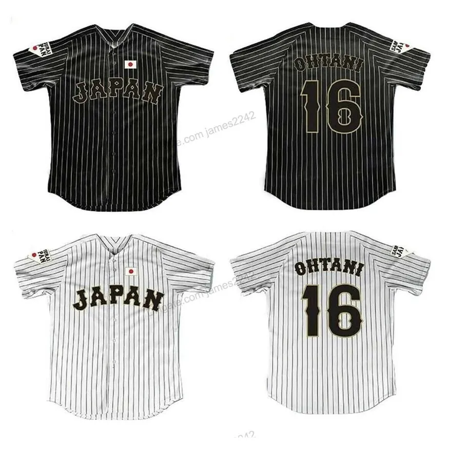 Nikivip Custom Japan Samurai 16 Shohei OHTANI Movie Baseball Jersey Dubbele naam en nummer Zwart Witte Stripe Pinstriped topkwaliteit