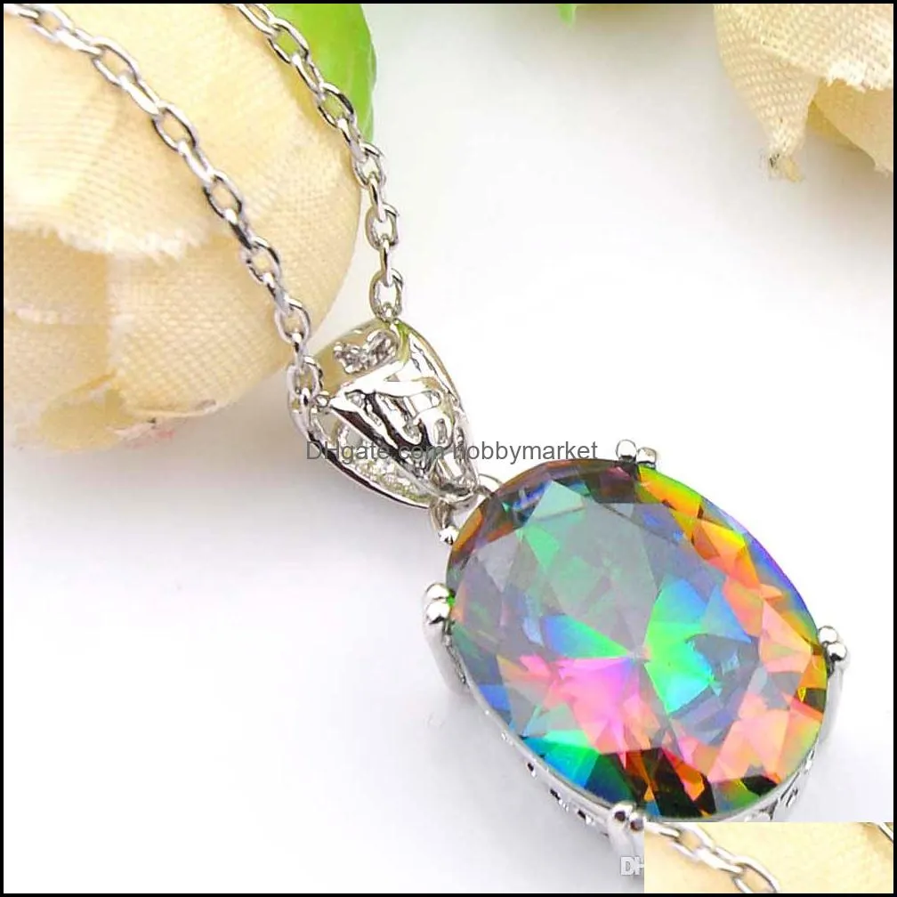 Luckyshine Women`s Wedding Rings Pendants Sets Oval Colored Natural Mystic Topaz 925 Silver Pendants Necklace Sets Free shippings