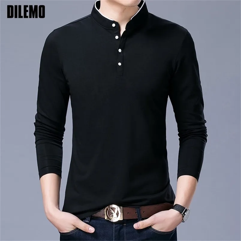 Vendita Abbigliamento di marca di moda Polo da uomo Manica lunga Slim Fit Ragazzi Mandarino Colla Polo Abbigliamento da uomo casual 220402