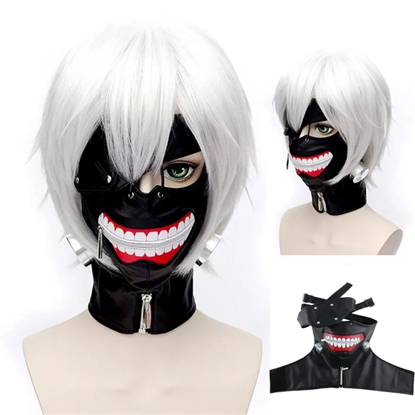 Tokyo Ghoul Cosplay Masks Kaneki Ken Adjustable Zipper Faux Leather Mask With Wigs Halloween Cosplay Mask for Party T200509