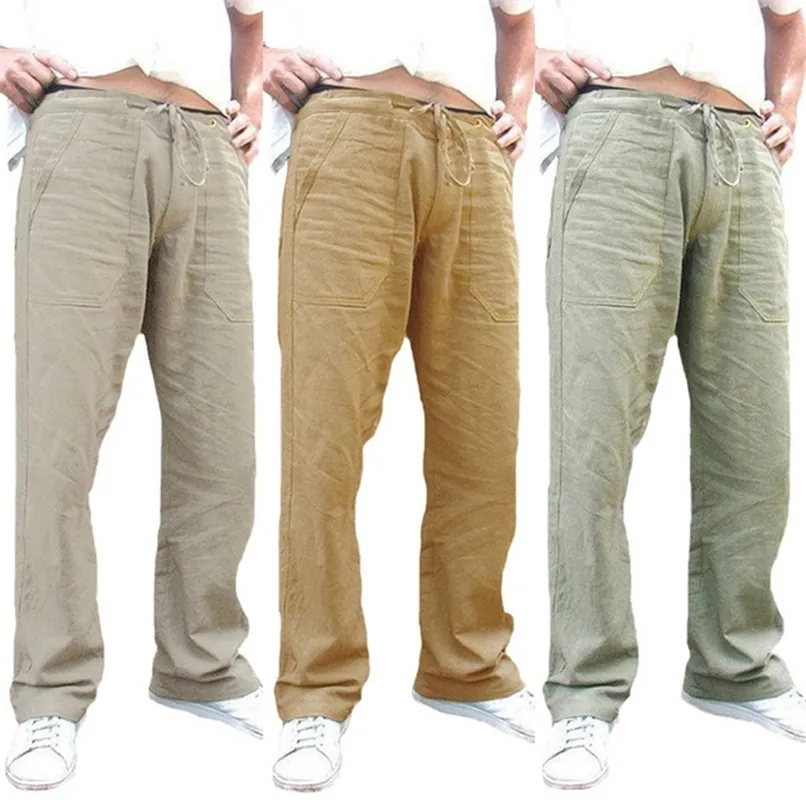 Cotton Linen Trousers for Men Wide Leg Pant Breathable Summer Pants Fitness Clothing Mens Workwear Male Jogging Bottoms 220629