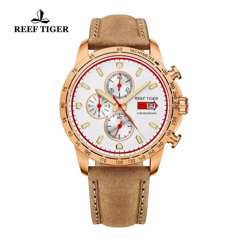 Reef Tiger Brand Watches for Men Luminous Sport Watches Quartz Rose Gold Leather Strap Chronograph Stop Watches RGA3029 T200409