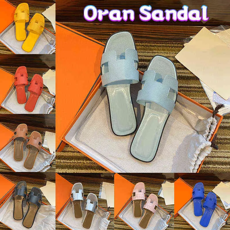 Met doosontwerper Oran Sandals Luxury Slippers Slides Flat Dames schoenen Echt lederen sandaal Sandaal Zomer Flop Flops Sneaker Beach Slide Party SL
