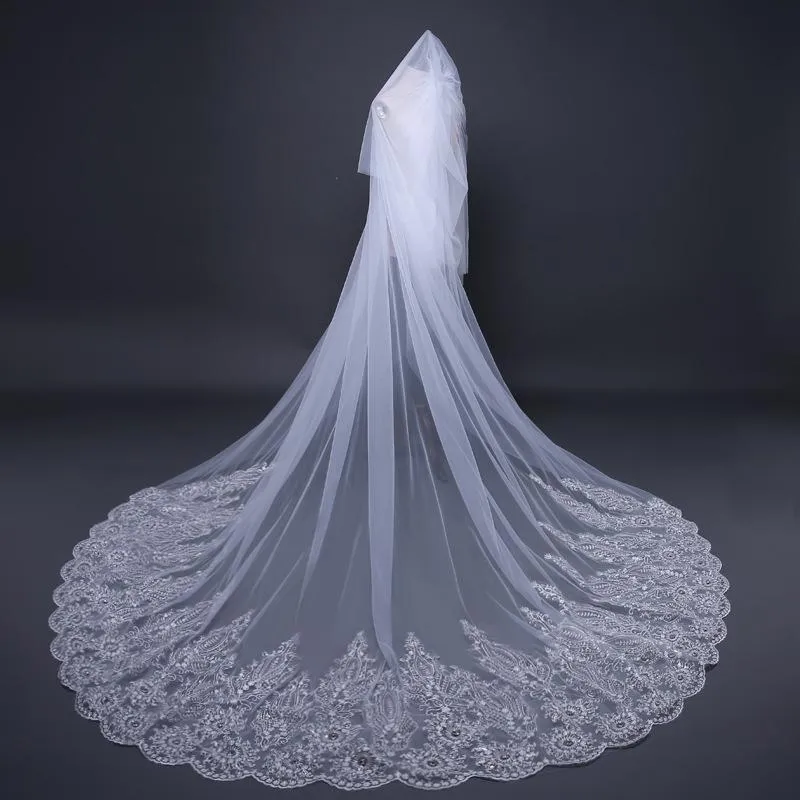 Свадебная вуали высокого класса вуаль изящный блестящий кружево цветок ручной работы алмазной свадьбы 3M собор
