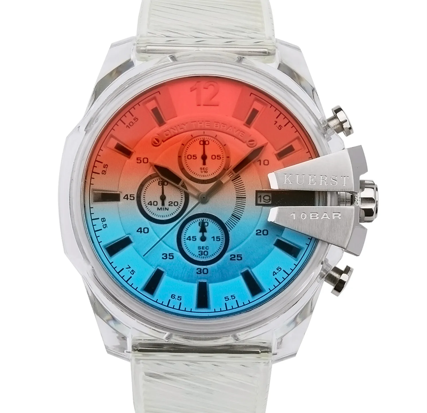 Orologi cronografi alla moda per uomo Cassa trasparente Orologio da polso al quarzo impermeabile con quadrante iridescente