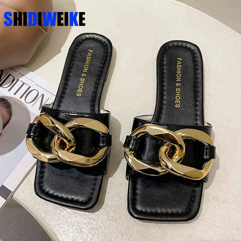 Slippers Nieuwe Slipper Vrouwen Schoenen Vrouw Hoge Kwaliteit Slides Sandalen Vrouwen Schoenen Fashion Design Metalen Bekleding Platte Schoenen 220427