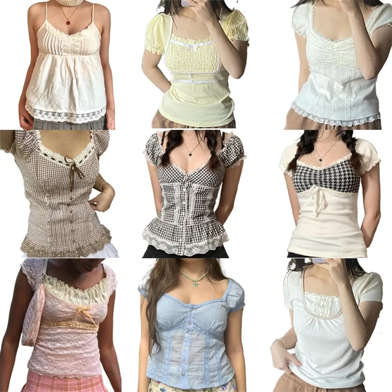 Y2K Fairycore Grunge Milkmaid Top Retro Eesthetic Kawaii Lace Trim Crop Top Sweet Sweet Girl Corset Vest Women Vintage Clothes 220526