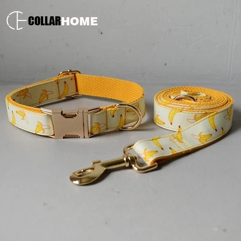 Free engrave ID nylon Luxury dog collar leash with bow tie banana design gold metal buckles adjustable pet supplies accessories Y200515