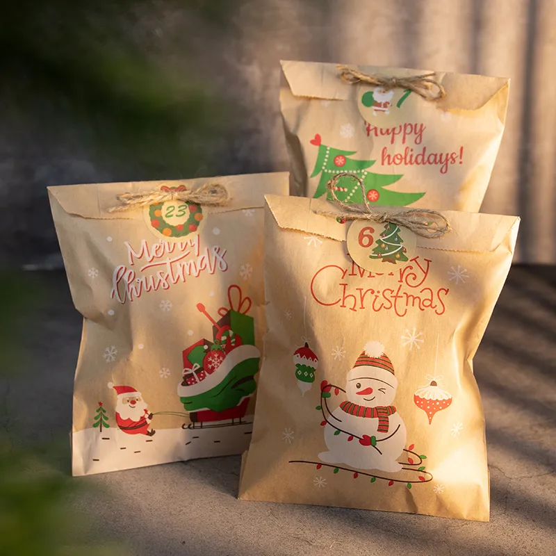 24 set sacchetti di carta kraft natalizi papà noel snowman fox feste natalizio per la festa per biscotti per biscotti per biscotti da regalo.