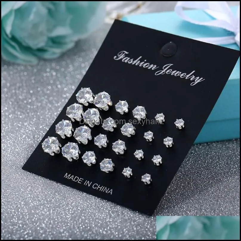 12pairs/set silver stud earrings jewelry for women girl party gift hot sale crystal earrings wholesale free shipping - 0803wh