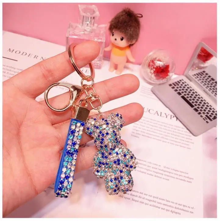 Party Favor Key Ring PVC Keychain DIY Craft Cartoon Bear Handmade Rhinestone Crystal Key Chains Charm Pendant Keychains For Women Gifts SN4873