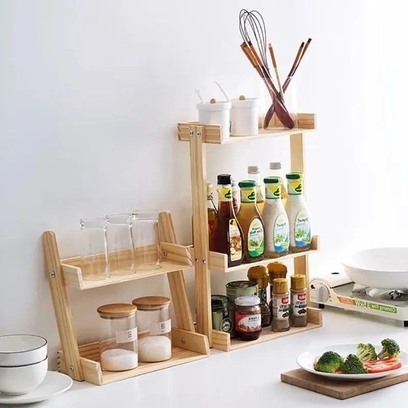 Pine Wood Spice Rack 2 3 layers kitchen organizer Storage Stand for Condiment Holder Garden Flower Pot Display Shelf Y200429