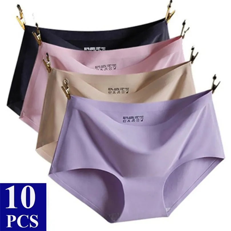 10 PCSLOT Sömlösa kvinnor trosor Sommar Solid Silk Panties Skin Friendly Female Underwear Lady Briefs Woman Knickers Underbund 220621