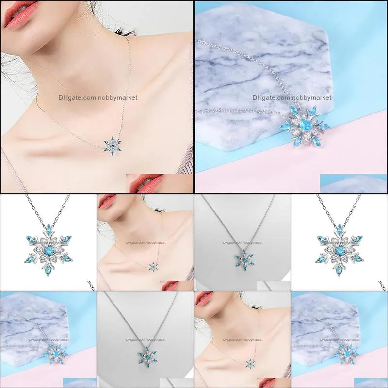 Pendant Necklaces Sparkling Crystal Frozen Snowflake Necklace Women Shiny Blue Flower Zircon Chokers Ladies Girls Birthday Gift1