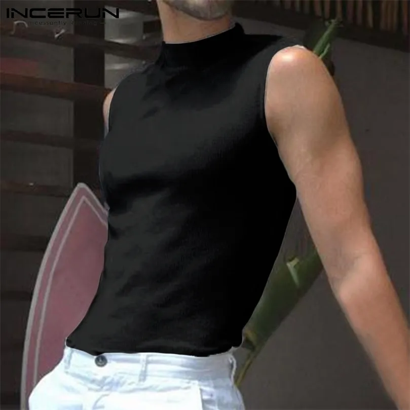 Fashion Mens Tank Tops Turtleneck Solid Color Sleeveless Streetwear Casual Vests Party Nightclub Skinny Tops INCERUN 5XL 7 220527