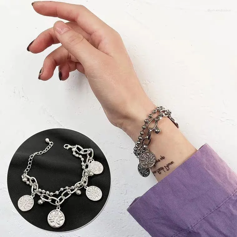 Lucky Tree Ins European och American Retro Women's Men's Armband Metal Double Layer of Life Penant Par Charm Link Chain