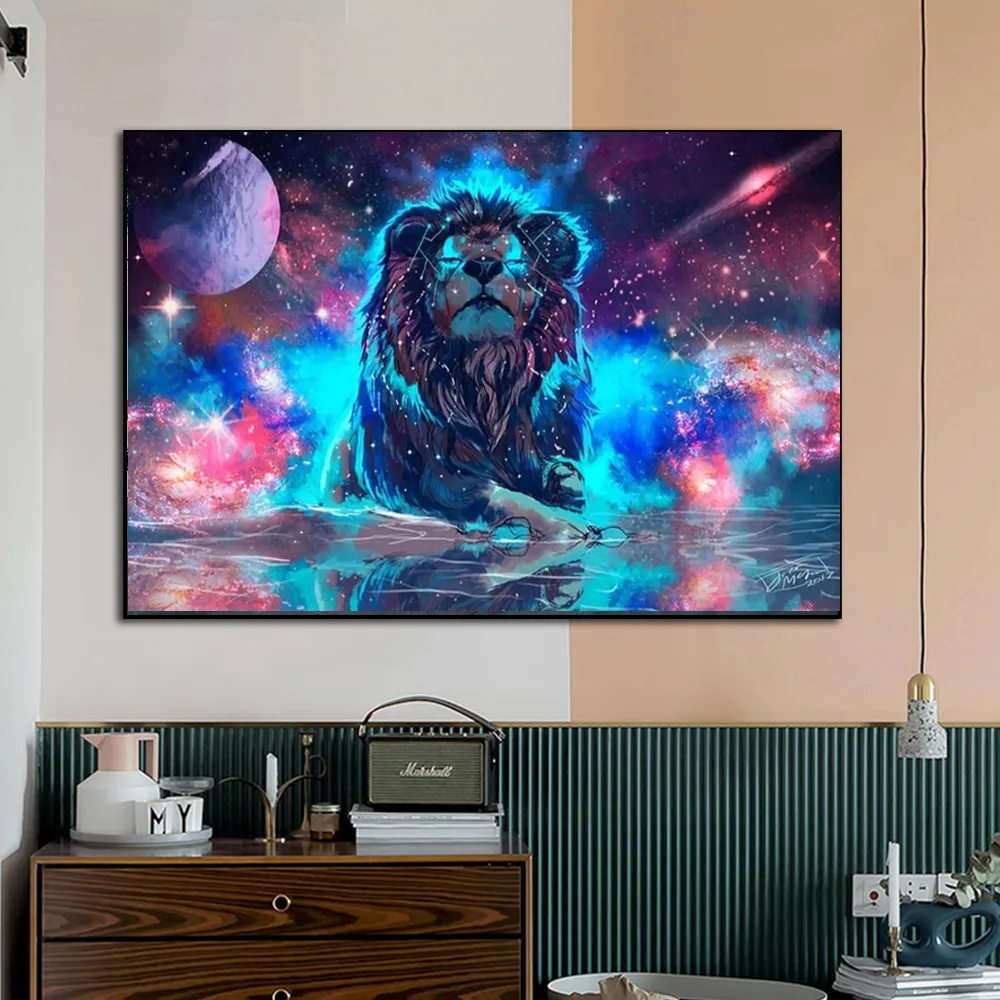 Großes buntes leuchtendes Löwe-Leinwandgemälde, modernes Tierbild, Kunst-Wandkunst-Poster für das Wohnzimmer