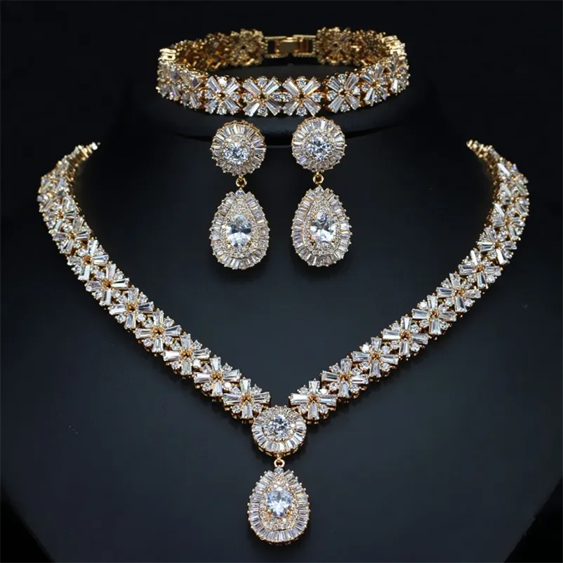CWWZIRCONS Ekskluzywne Dubai Gold Talerz biżuteria luksusowe sześcienne z cyrkonu naszyjnik z bransoletowy zestaw biżuterii dla kobiet T053 220726