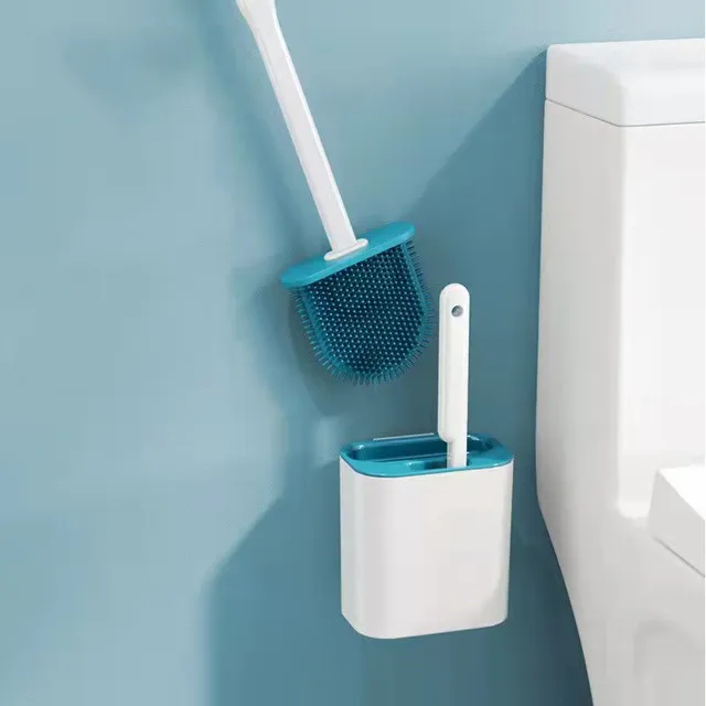 Silicone Toilet Brush with Toilet Brush Holder Wall-Mounted Cleaning Brush  Set