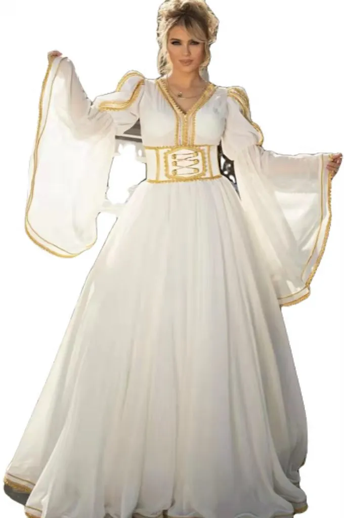Kosovo Albanian White Lace Applique Kaftan Evening Dress 2022 with Flared Sleeves - Elegant Moroccan Kaftan Prom Dress for Vintage Formal Parties and