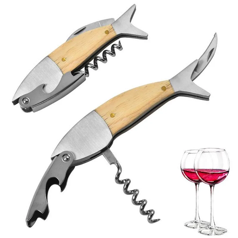 Wood Handle Fish Wine Opener Multifunction Corkscrew & Bottle Opener