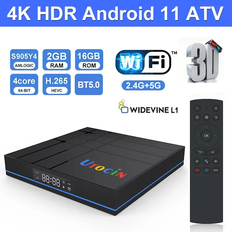 Utocin S12 Amlogic S905Y4 Androidtv 11.0 Widevine L1 TV Box 2GB 16GB 2.4G 5G WiFi Bluetooth Voice Remote Control Power Media Player PK MECOOL