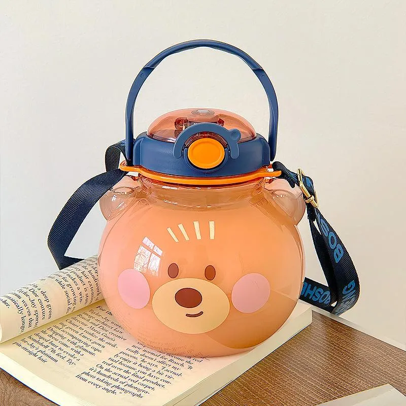 Bear head plastic Water Bottles cute big belly water cup high value portable oblique cross straw cups large capacity summer