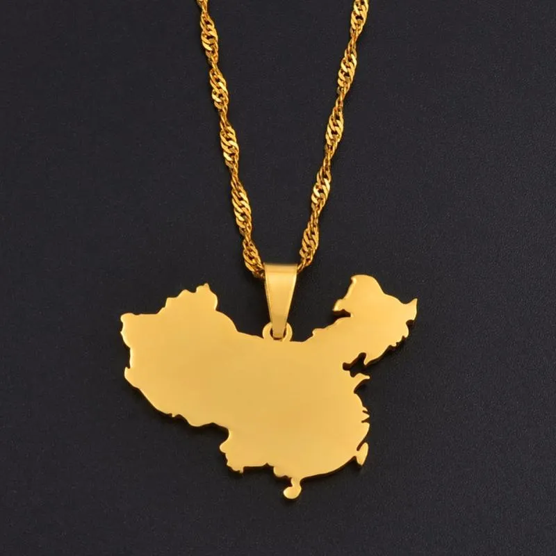Anhänger-Halsketten Anniyo Karte von China Goldfarbe Edelstahl Schmuck Geschenke Karten #068621Anhänger
